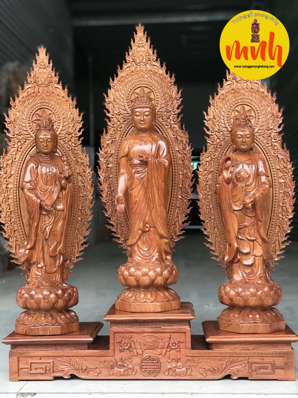 Bộ Tượng Tây Phương Tam Thánh Phật Gỗ Hương Cao 40cm